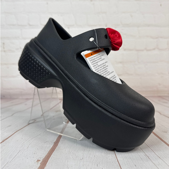Crocs Stomp Rosette Mary Jane Black Red Rose Platform Clog Sandals M Sz 6/W Sz 8 - Picture 2 of 9